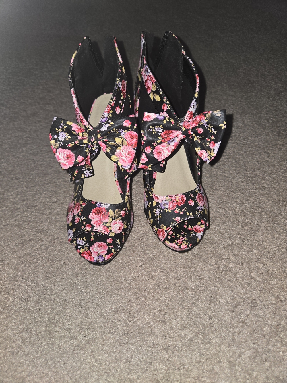 Floral Bow Peep-Toe Heels - Black with Pink Rose Print
